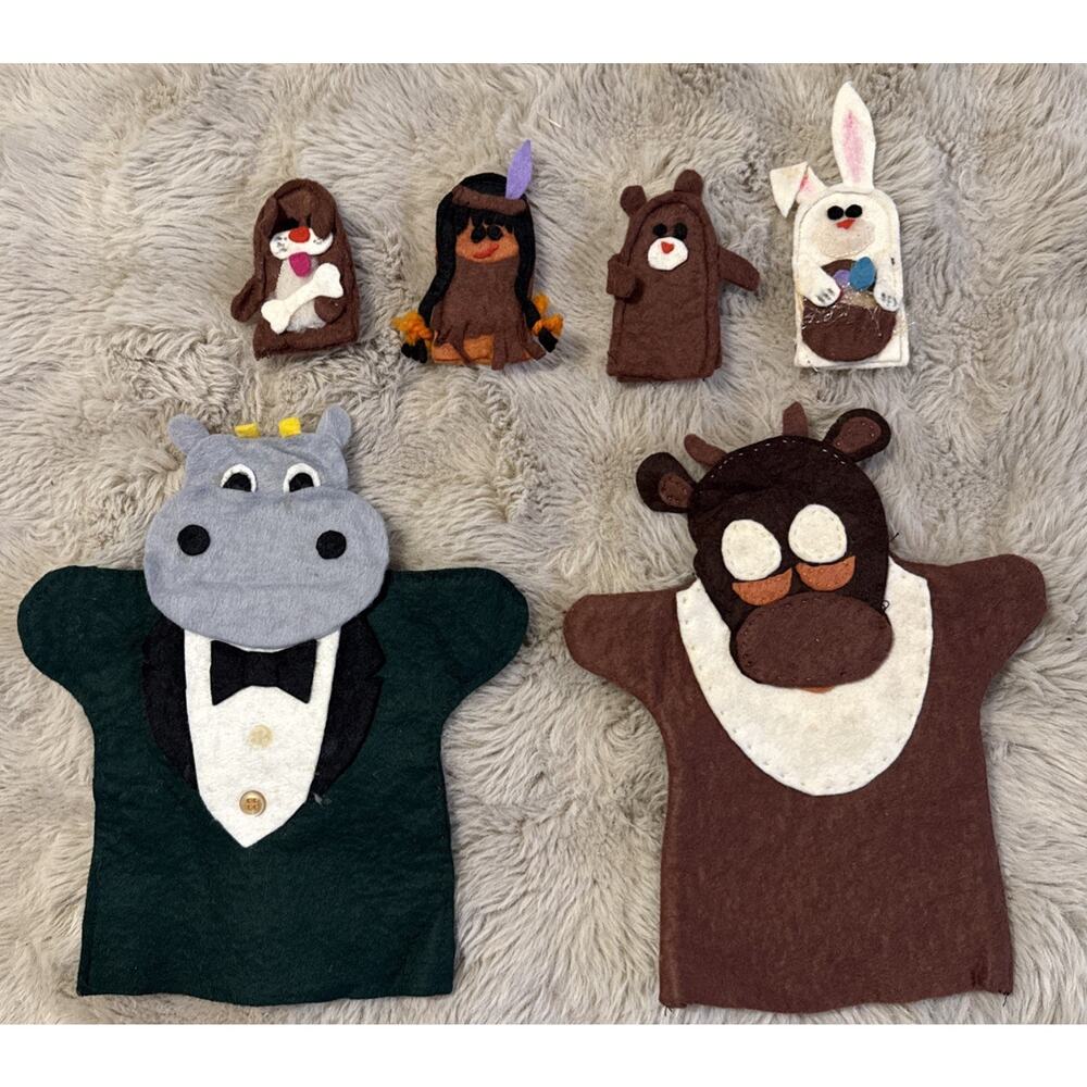 Vintage Felt Hand & Finger Puppet Lot – Hippo, Cow, Animals, Handmade